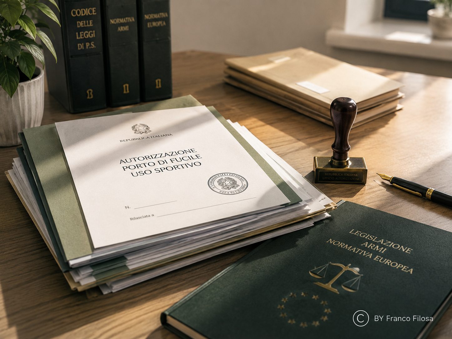 Documenti ufficiali e legislazione armi su scrivania