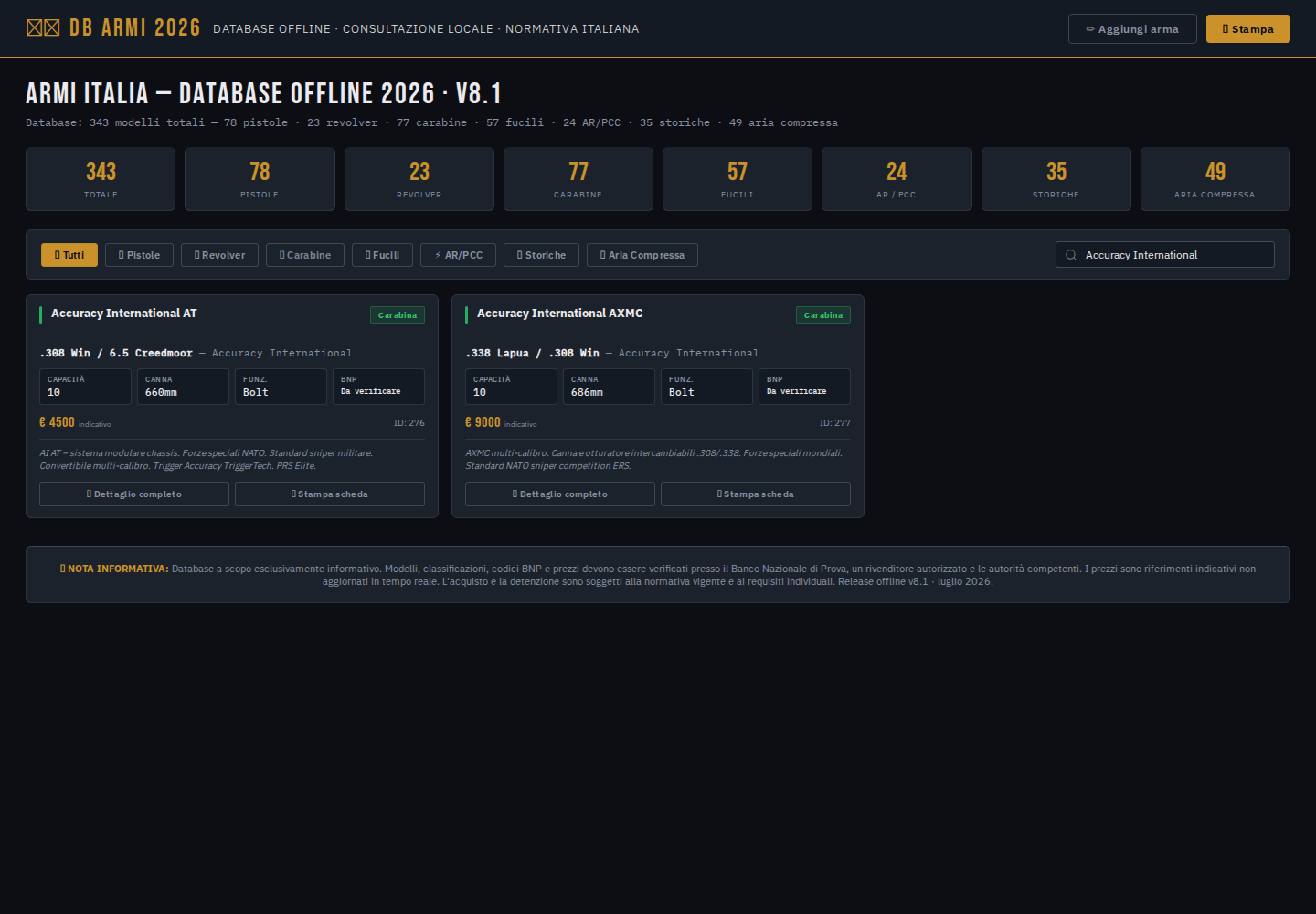 Ricerca testuale nel Database Armi per modello, produttore o calibro
