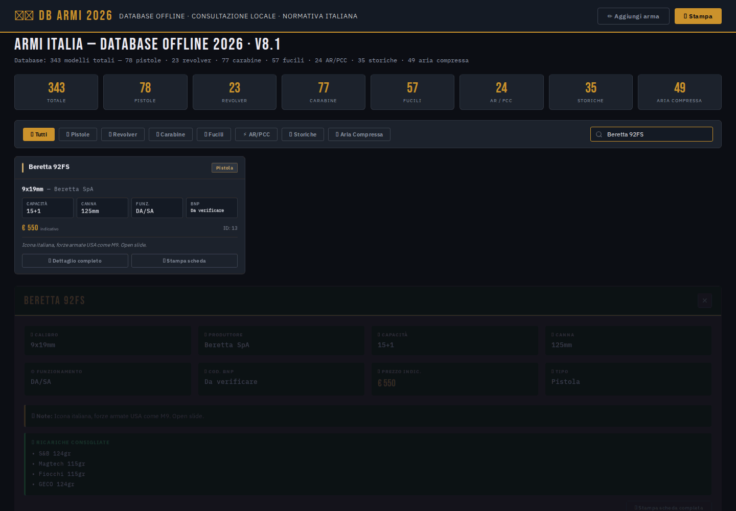 Scheda di dettaglio di un'arma nel Database Armi, con specifiche tecniche complete