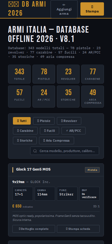 Database Armi Italia 2026 visualizzato su smartphone